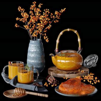 现代食物 蜂蜜 花卉 装饰摆件